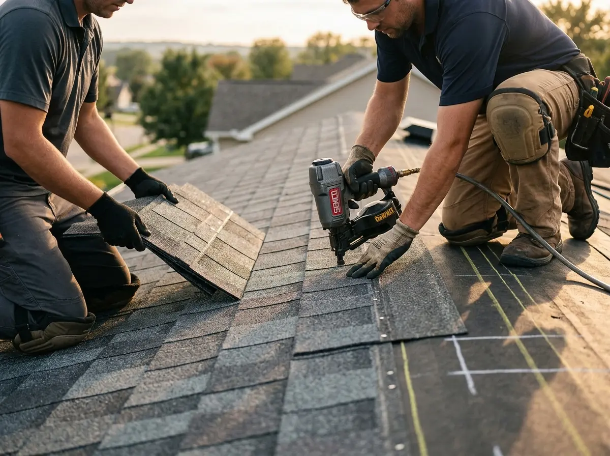 Professional roofer working on a residential roof in Harwinton
